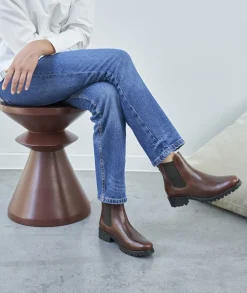 Femme Paire et Fils Boots-BOTTINES CHELSEA COMMANDO EN CUIR MARRON PATINÉ