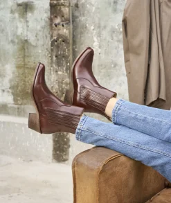 Femme Paire et Fils Boots-Bottines western en cuir marron patiné