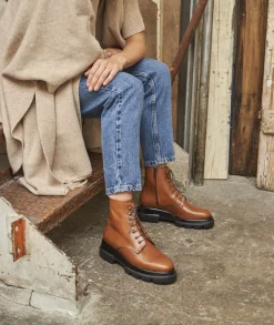 Femme Paire et Fils Boots-Combat boots femme en cuir cognac