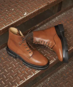 Femme Paire et Fils Boots-Combat boots femme en cuir cognac