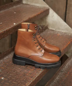 Femme Paire et Fils Boots-Combat boots femme en cuir cognac