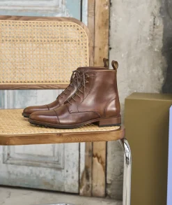 Homme Paire et Fils Combat Boots Homme-Combat boots homme en cuir cognac patiné