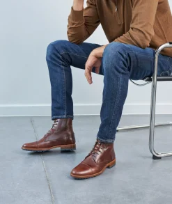 Homme Paire et Fils Combat Boots Homme-Combat boots homme en cuir marron patiné