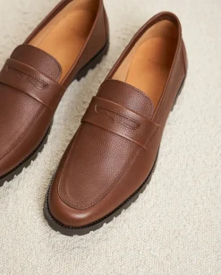 Homme Paire et Fils Mocassins-Mocassin en cuir grainé marron