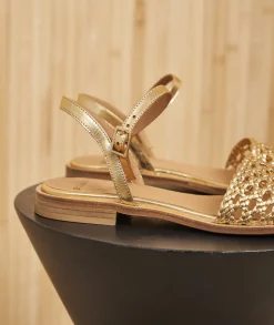 Femme Paire et Fils Sandales-Sandales plates en cuir doré
