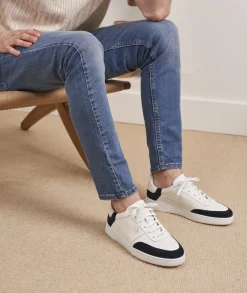 Homme Paire et Fils Sneakers-Sneakers en cuir blanc et daim bleu marine